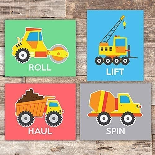 Boys Construction Trucks Set (Haul, Lift, Roll, Spin) Art Prints (Set of 4) - Unframed - 8x10s - Dream Big Printables