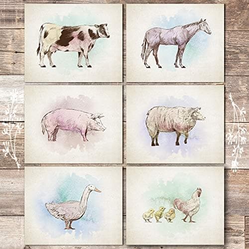 Farm Animals Art Prints (Set of 6) - Unframed - 8x10s (Cow, Horse, Pig, Sheep, Goose, Chicken) - Dream Big Printables