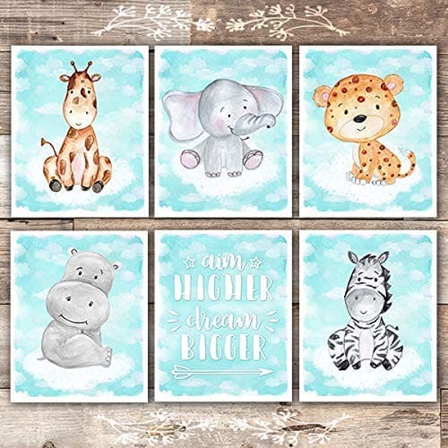 Safari Animals On Clouds Art Prints (Set of 6) - Unframed - 8x10s - Dream Big Printables